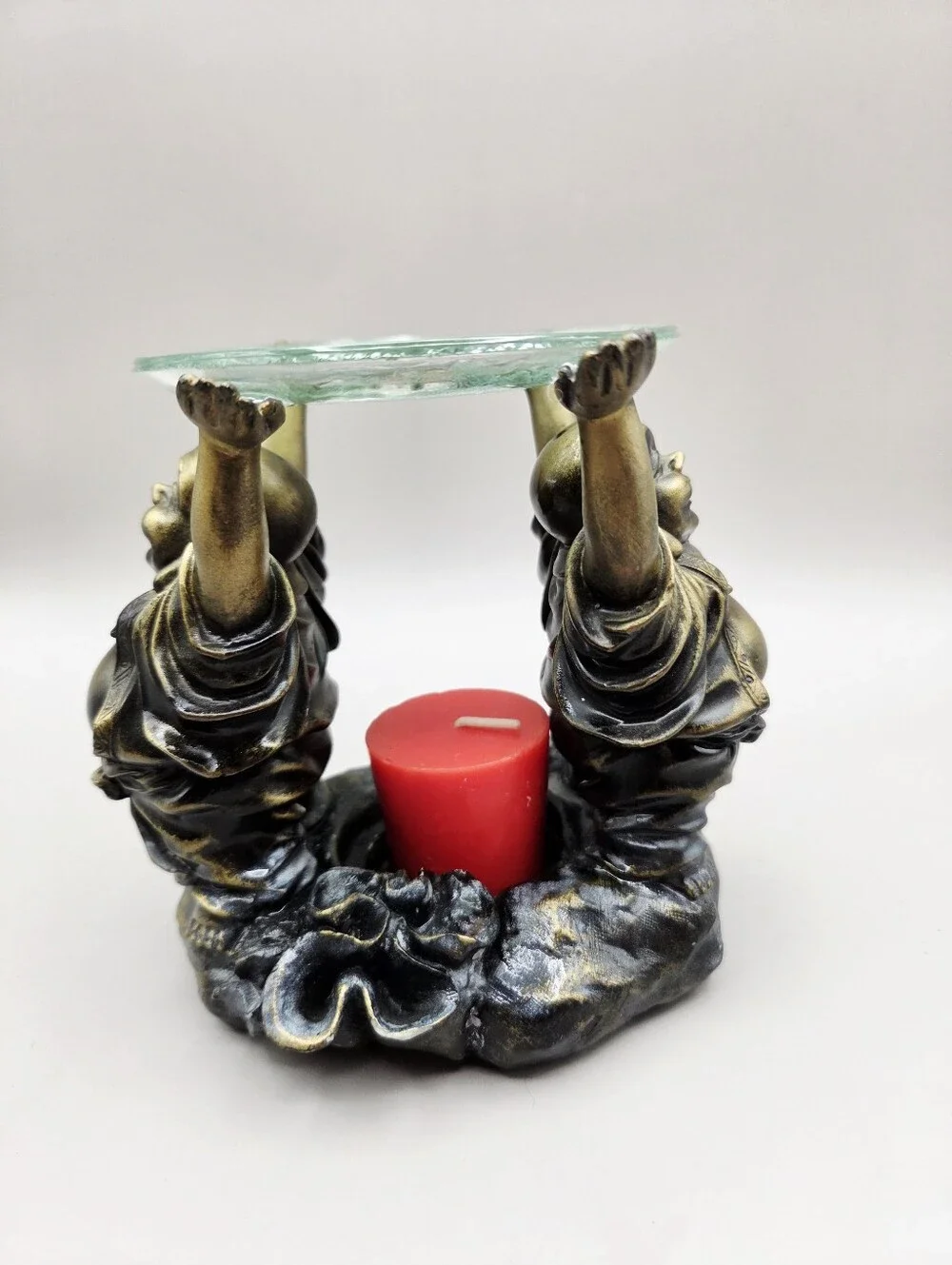 Bronze & Gold Double Happy Buddha Candleholder